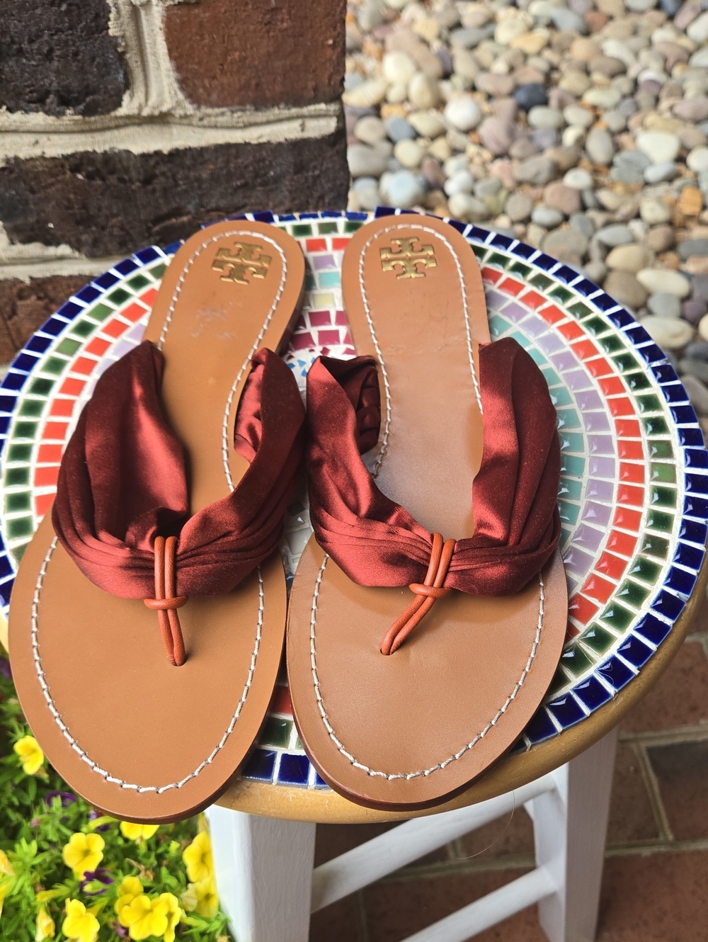 Tory Burch Satin Knot Toe-Post Sandals in Deep Rust and Tan